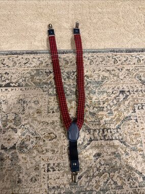 Red and Black Plaid Suspenders with Navy Leather Trim